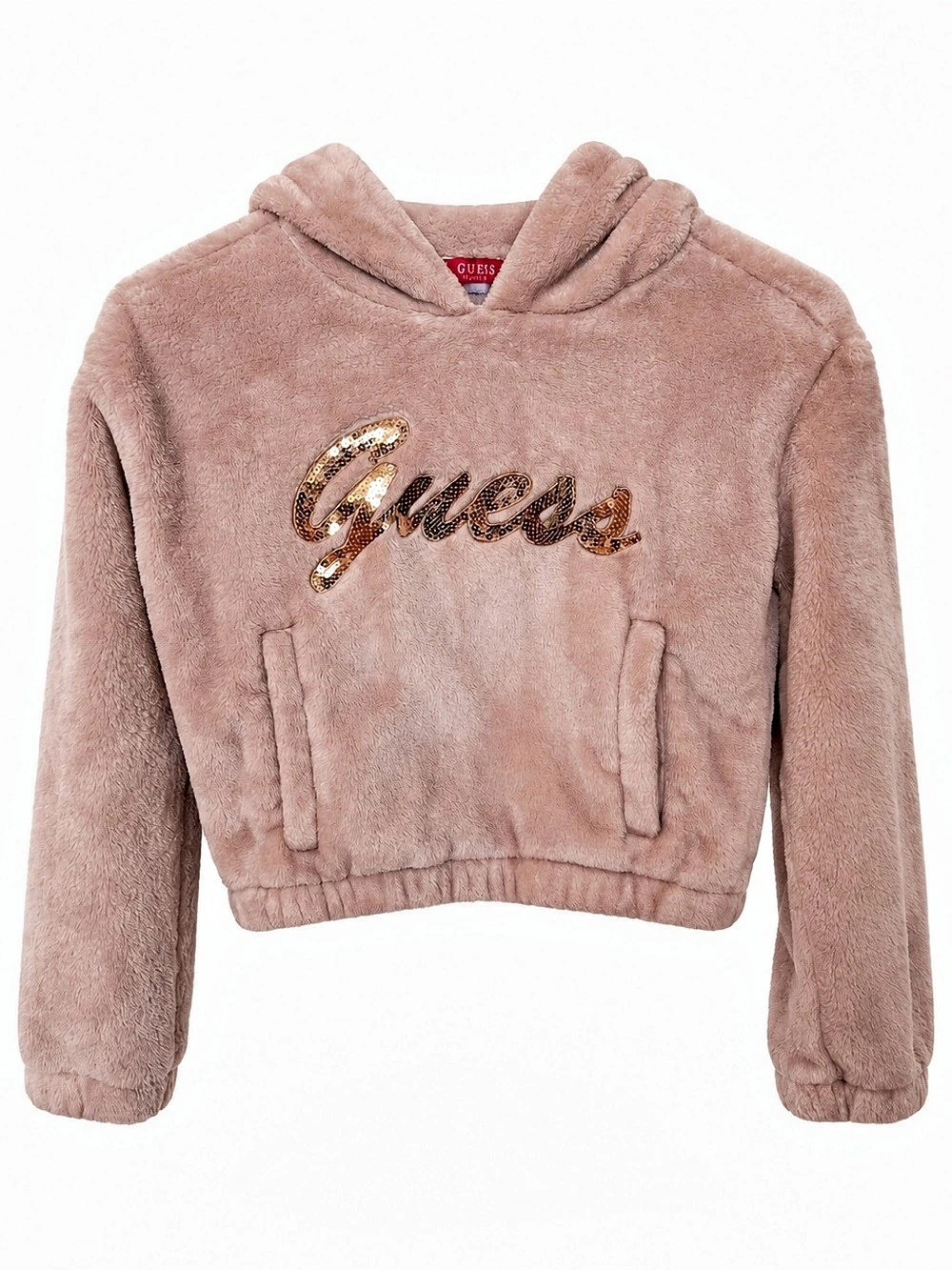 GUESS Girls Blush Pink Plush Sequin Logo Cropped Hoodie Size 8 LIKE NEW